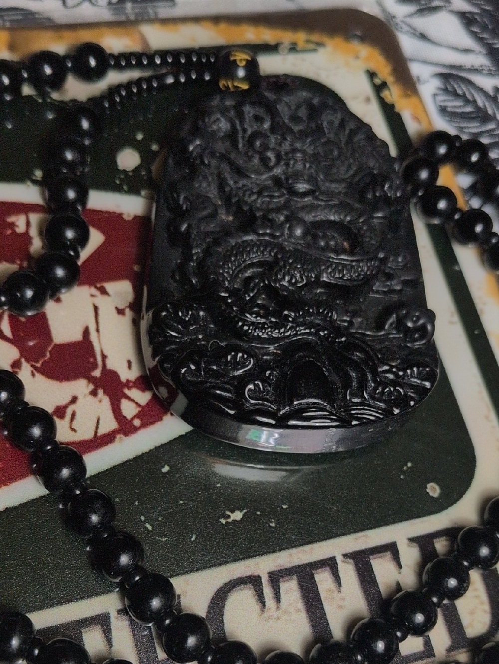 Guardian of the Hoard: Natural Black Onyx Dragon & Vintage Metal Sign